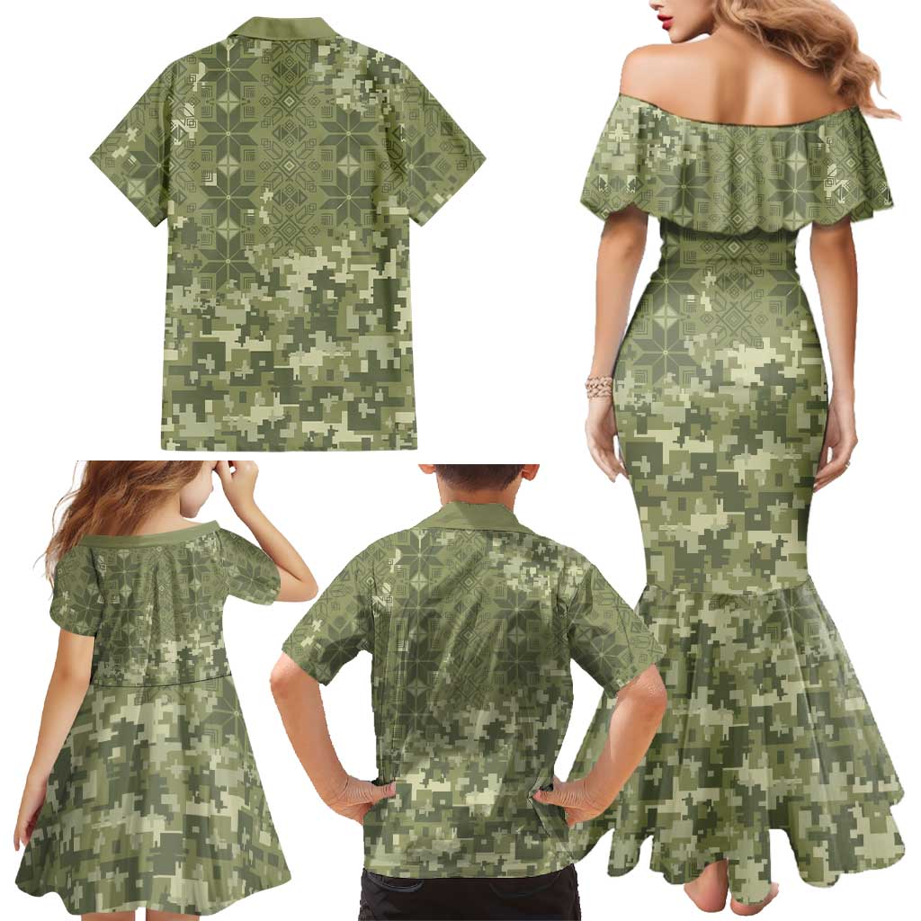 Ukraine Military Vyshyvanka Pattern Family Matching Mermaid Dress and Hawaiian Shirt Tryzub Emblem Tactical Style