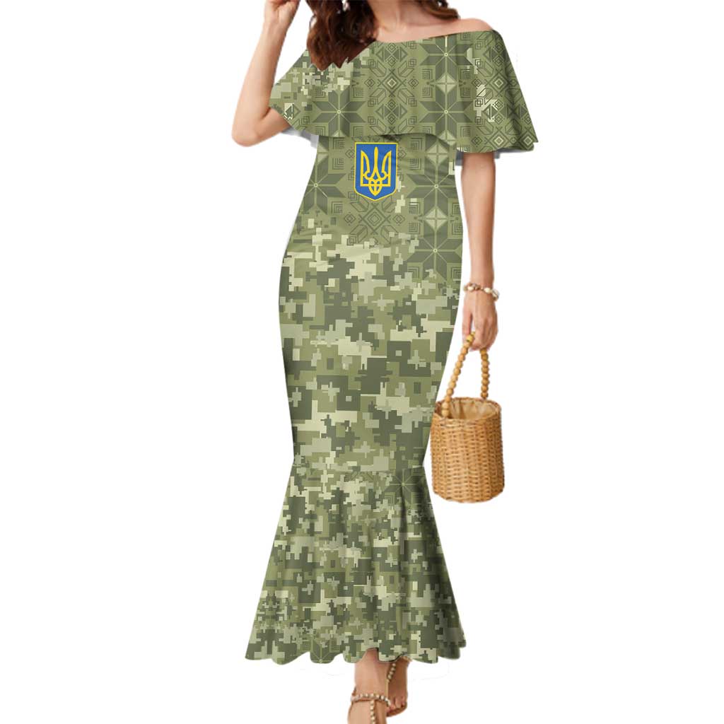 Ukraine Military Vyshyvanka Pattern Family Matching Mermaid Dress and Hawaiian Shirt Tryzub Emblem Tactical Style