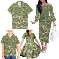 Ukraine Military Vyshyvanka Pattern Family Matching Off The Shoulder Long Sleeve Dress and Hawaiian Shirt Tryzub Emblem Tactical Style