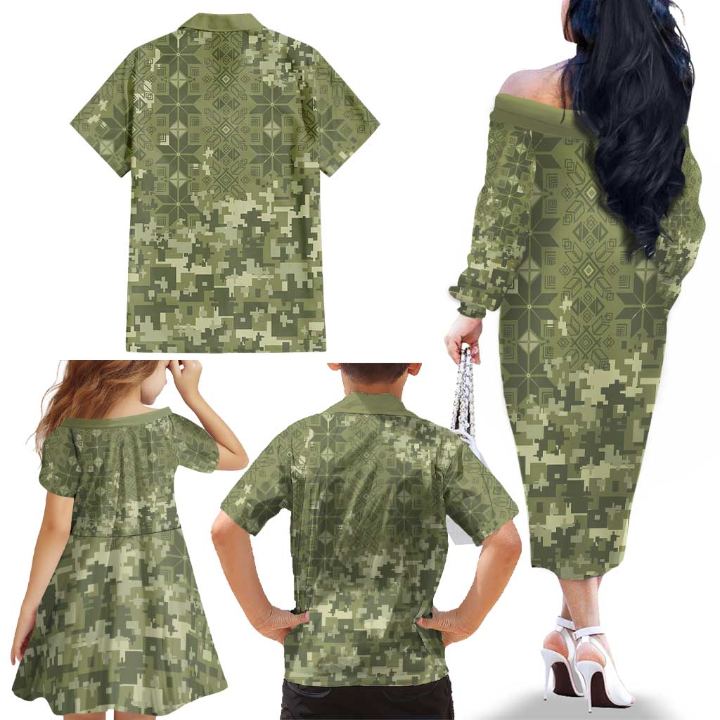 Ukraine Military Vyshyvanka Pattern Family Matching Off The Shoulder Long Sleeve Dress and Hawaiian Shirt Tryzub Emblem Tactical Style