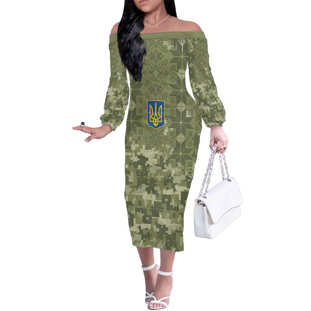 Ukraine Military Vyshyvanka Pattern Family Matching Off The Shoulder Long Sleeve Dress and Hawaiian Shirt Tryzub Emblem Tactical Style
