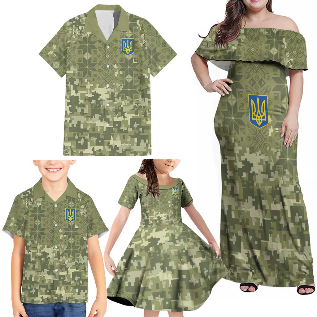 Ukraine Military Vyshyvanka Pattern Family Matching Off Shoulder Maxi Dress and Hawaiian Shirt Tryzub Emblem Tactical Style