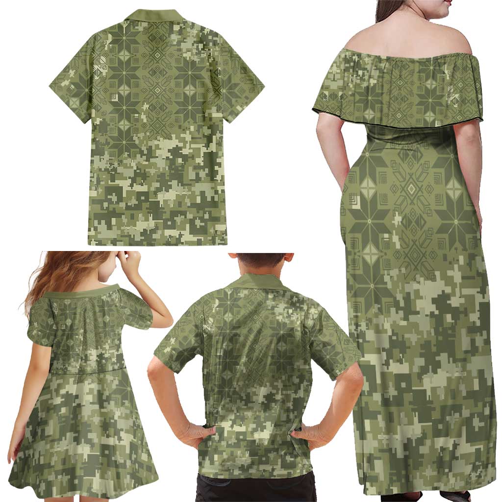 Ukraine Military Vyshyvanka Pattern Family Matching Off Shoulder Maxi Dress and Hawaiian Shirt Tryzub Emblem Tactical Style