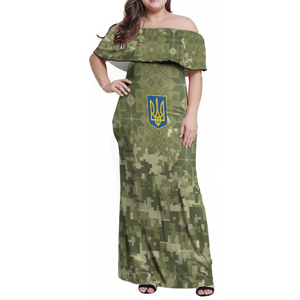 Ukraine Military Vyshyvanka Pattern Family Matching Off Shoulder Maxi Dress and Hawaiian Shirt Tryzub Emblem Tactical Style