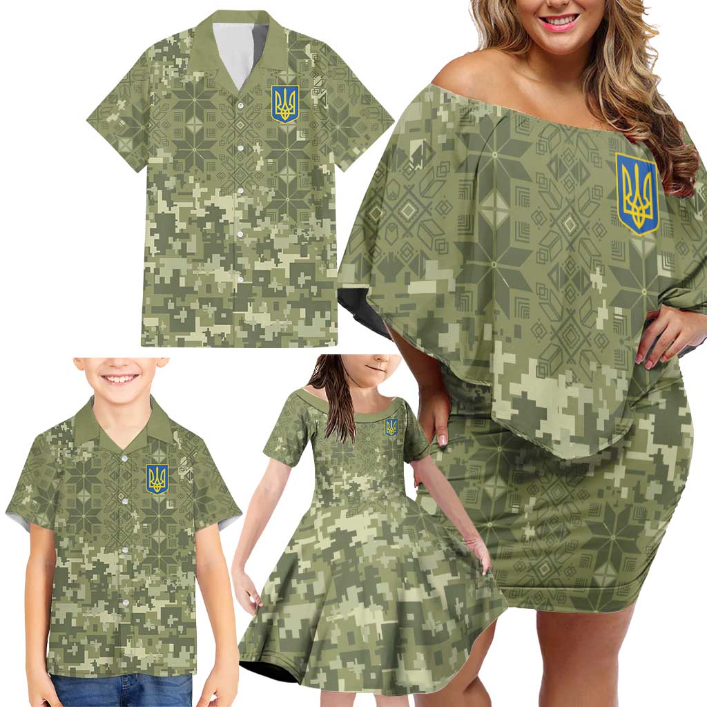 Ukraine Military Vyshyvanka Pattern Family Matching Off Shoulder Short Dress and Hawaiian Shirt Tryzub Emblem Tactical Style