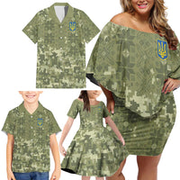 Ukraine Military Vyshyvanka Pattern Family Matching Off Shoulder Short Dress and Hawaiian Shirt Tryzub Emblem Tactical Style