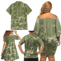 Ukraine Military Vyshyvanka Pattern Family Matching Off Shoulder Short Dress and Hawaiian Shirt Tryzub Emblem Tactical Style