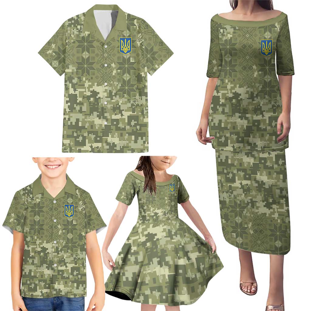 Ukraine Military Vyshyvanka Pattern Family Matching Puletasi and Hawaiian Shirt Tryzub Emblem Tactical Style