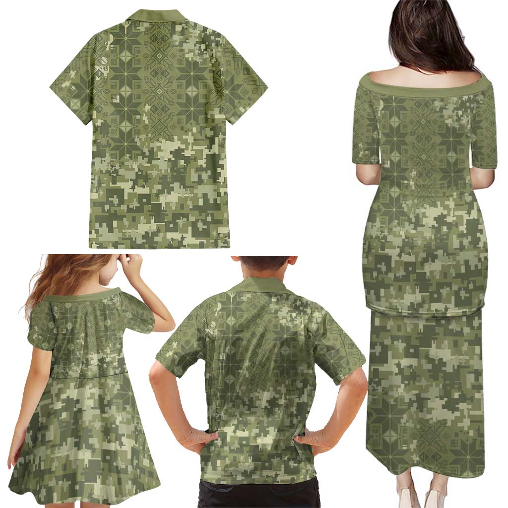Ukraine Military Vyshyvanka Pattern Family Matching Puletasi and Hawaiian Shirt Tryzub Emblem Tactical Style
