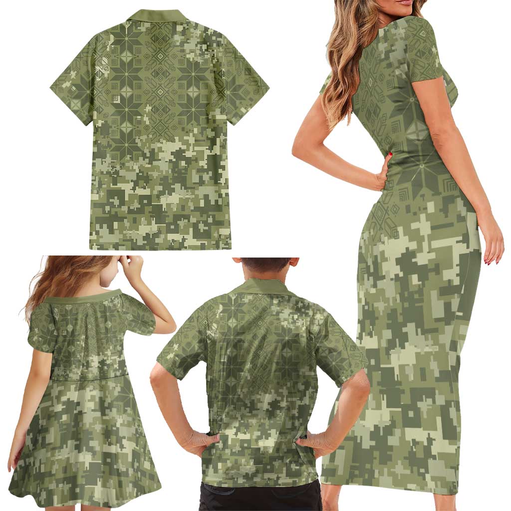 Ukraine Military Vyshyvanka Pattern Family Matching Short Sleeve Bodycon Dress and Hawaiian Shirt Tryzub Emblem Tactical Style
