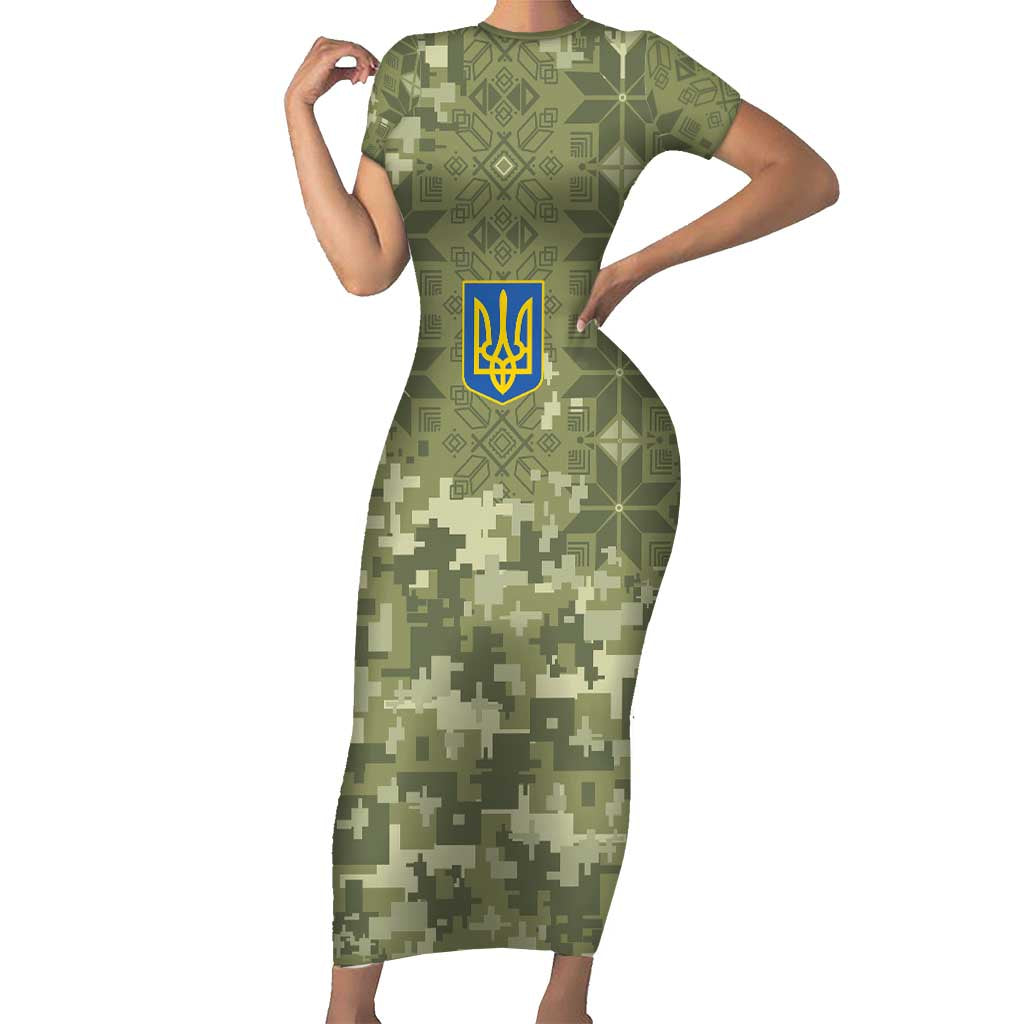 Ukraine Military Vyshyvanka Pattern Family Matching Short Sleeve Bodycon Dress and Hawaiian Shirt Tryzub Emblem Tactical Style