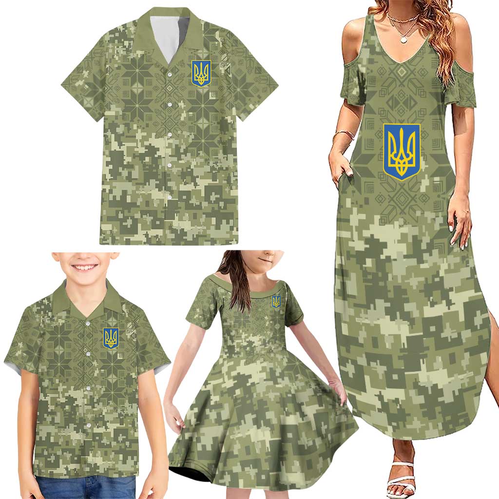 Ukraine Military Vyshyvanka Pattern Family Matching Summer Maxi Dress and Hawaiian Shirt Tryzub Emblem Tactical Style