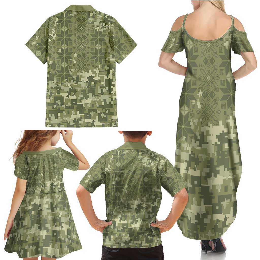 Ukraine Military Vyshyvanka Pattern Family Matching Summer Maxi Dress and Hawaiian Shirt Tryzub Emblem Tactical Style
