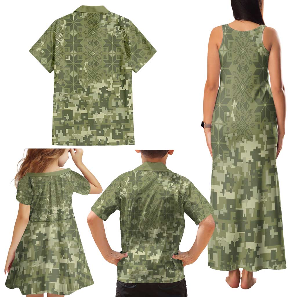 Ukraine Military Vyshyvanka Pattern Family Matching Tank Maxi Dress and Hawaiian Shirt Tryzub Emblem Tactical Style