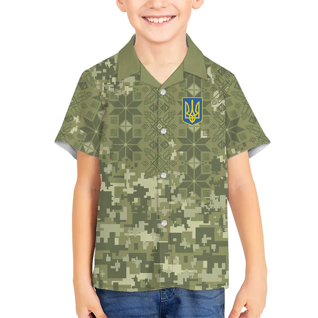 Ukraine Military Vyshyvanka Pattern Kid Hawaiian Shirt Tryzub Emblem Tactical Style - Wonder Print Shop