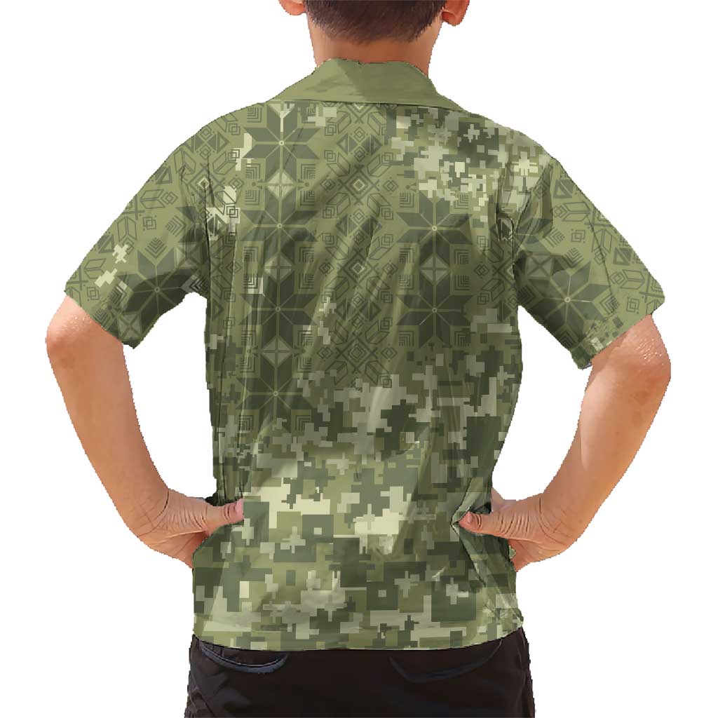 Ukraine Military Vyshyvanka Pattern Kid Hawaiian Shirt Tryzub Emblem Tactical Style - Wonder Print Shop