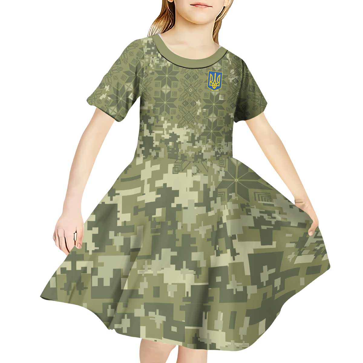 Ukraine Military Vyshyvanka Pattern Kid Short Sleeve Dress Tryzub Emblem Tactical Style - Wonder Print Shop