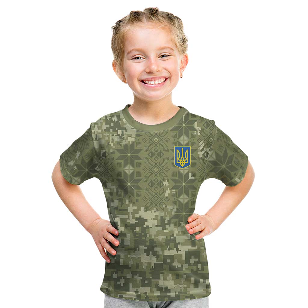 Ukraine Military Vyshyvanka Pattern Kid T Shirt Tryzub Emblem Tactical Style - Wonder Print Shop