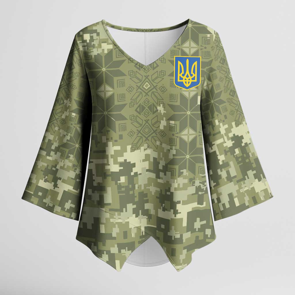 Ukraine Military Vyshyvanka Pattern Kimono Sleeve Blouse Tryzub Emblem Tactical Style - Wonder Print Shop