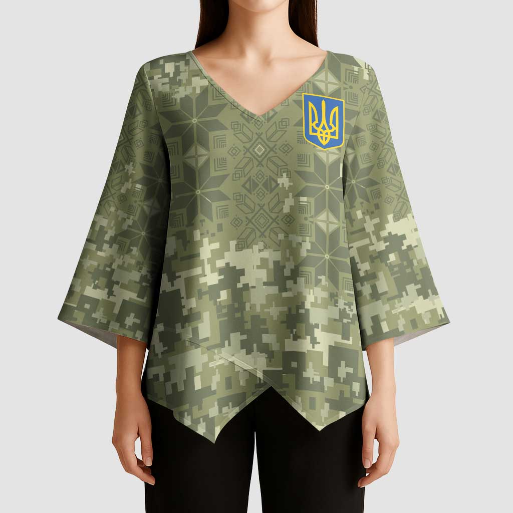 Ukraine Military Vyshyvanka Pattern Kimono Sleeve Blouse Tryzub Emblem Tactical Style - Wonder Print Shop