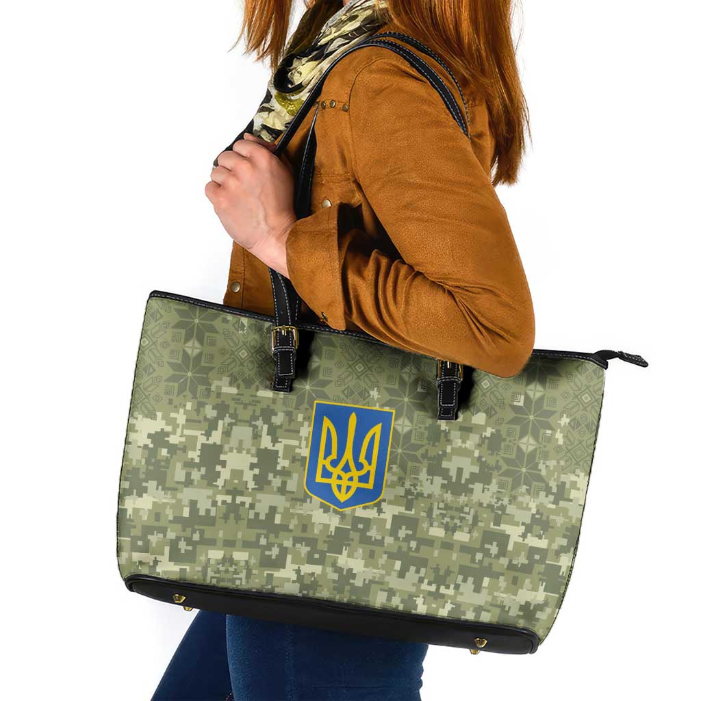 Ukraine Military Vyshyvanka Pattern Leather Tote Bag Tryzub Emblem Tactical Style - Wonder Print Shop