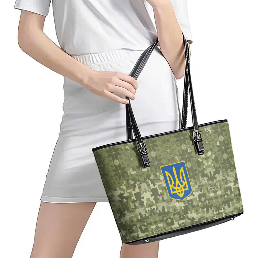 Ukraine Military Vyshyvanka Pattern Leather Tote Bag Tryzub Emblem Tactical Style - Wonder Print Shop