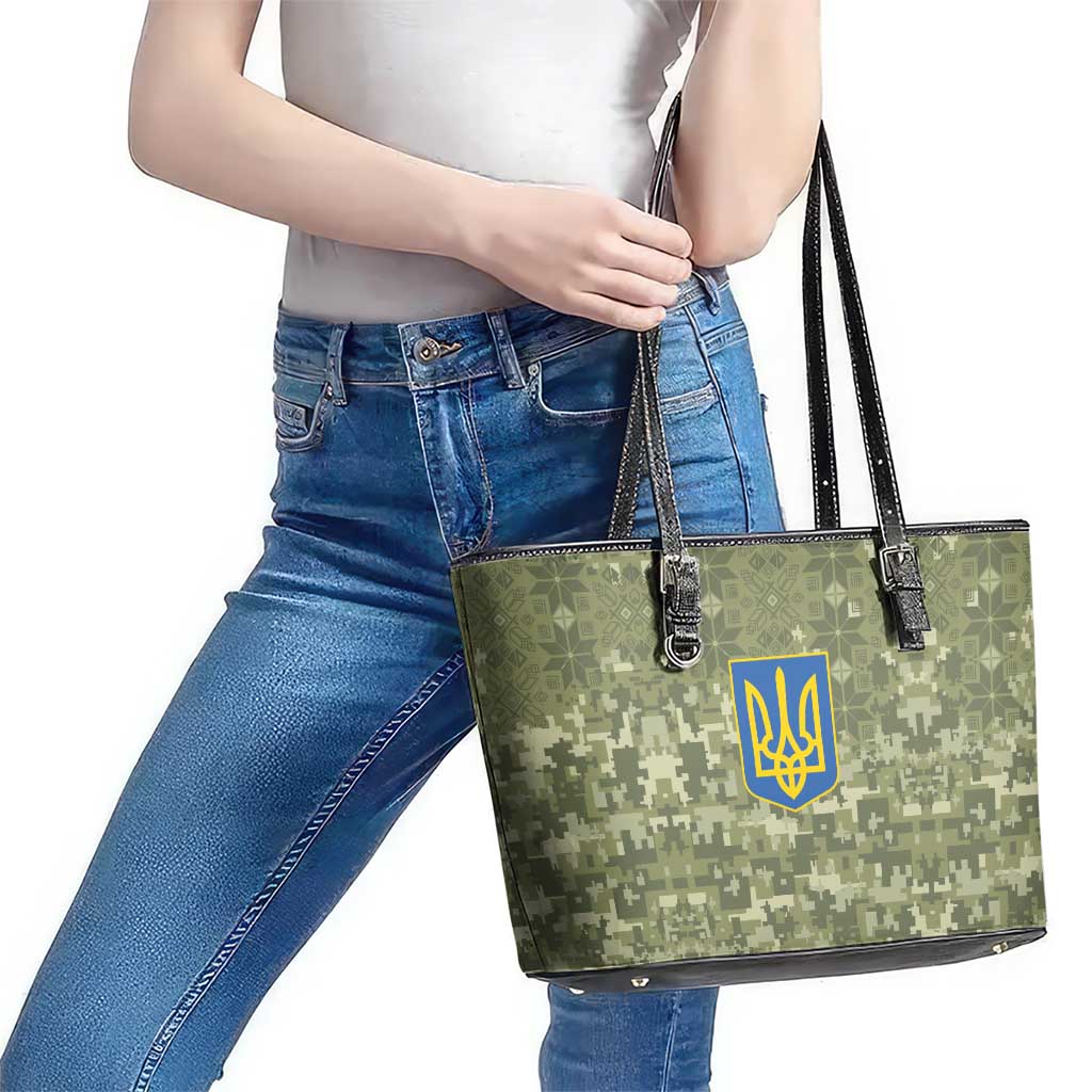Ukraine Military Vyshyvanka Pattern Leather Tote Bag Tryzub Emblem Tactical Style - Wonder Print Shop