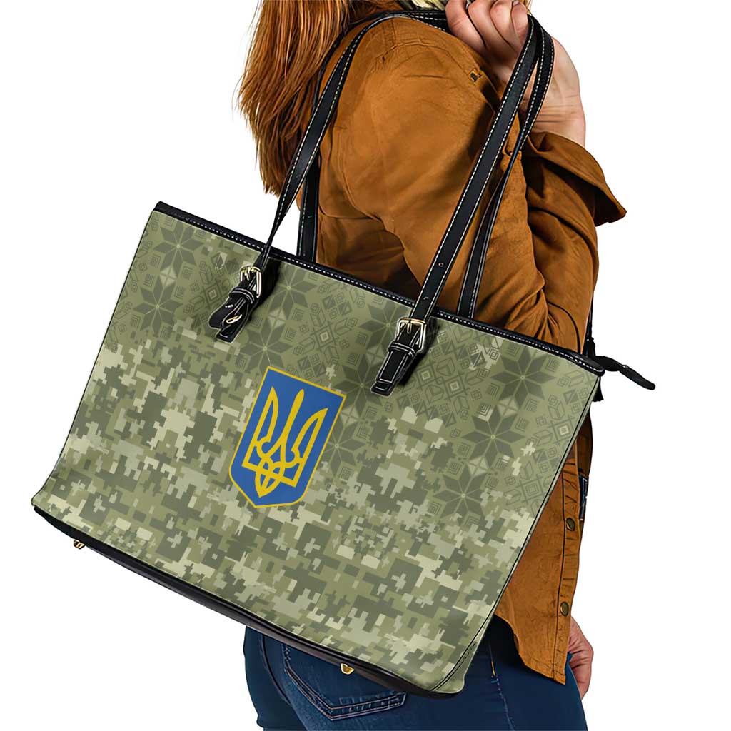 Ukraine Military Vyshyvanka Pattern Leather Tote Bag Tryzub Emblem Tactical Style - Wonder Print Shop