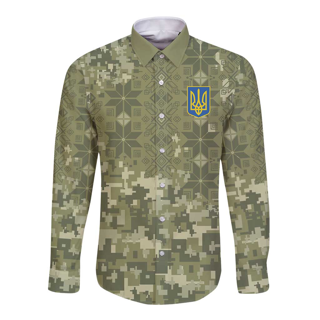 Ukraine Military Vyshyvanka Pattern Long Sleeve Button Shirt Tryzub Emblem Tactical Style - Wonder Print Shop
