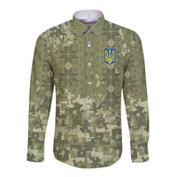Ukraine Military Vyshyvanka Pattern Long Sleeve Button Shirt Tryzub Emblem Tactical Style - Wonder Print Shop