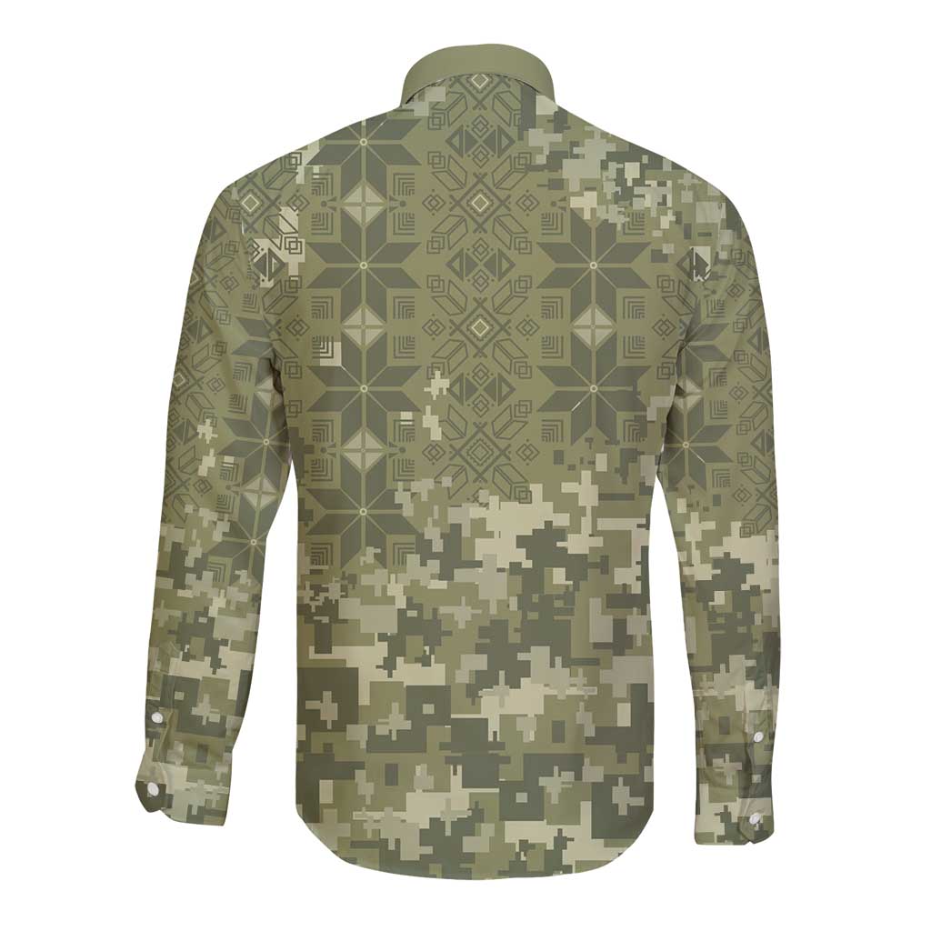 Ukraine Military Vyshyvanka Pattern Long Sleeve Button Shirt Tryzub Emblem Tactical Style - Wonder Print Shop