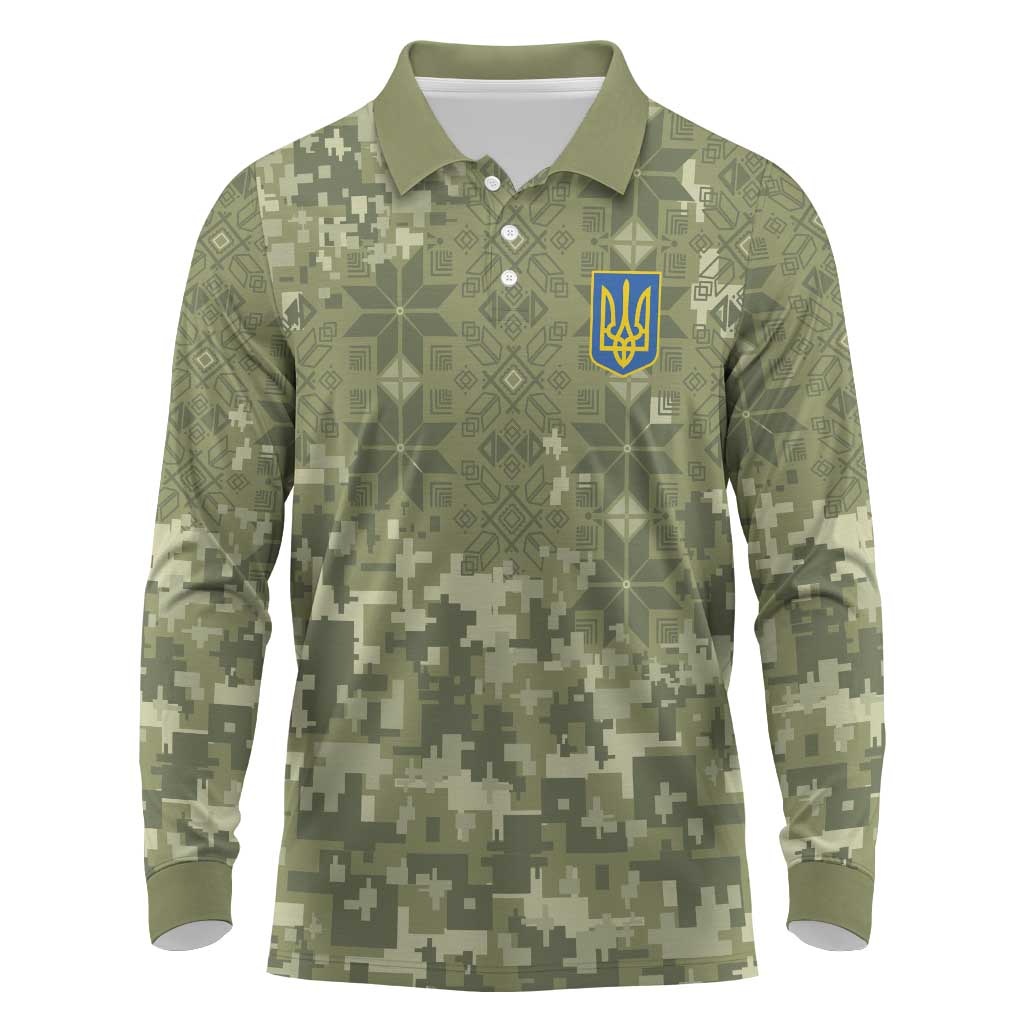 Ukraine Military Vyshyvanka Pattern Long Sleeve Polo Shirt Tryzub Emblem Tactical Style - Wonder Print Shop