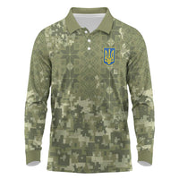 Ukraine Military Vyshyvanka Pattern Long Sleeve Polo Shirt Tryzub Emblem Tactical Style - Wonder Print Shop