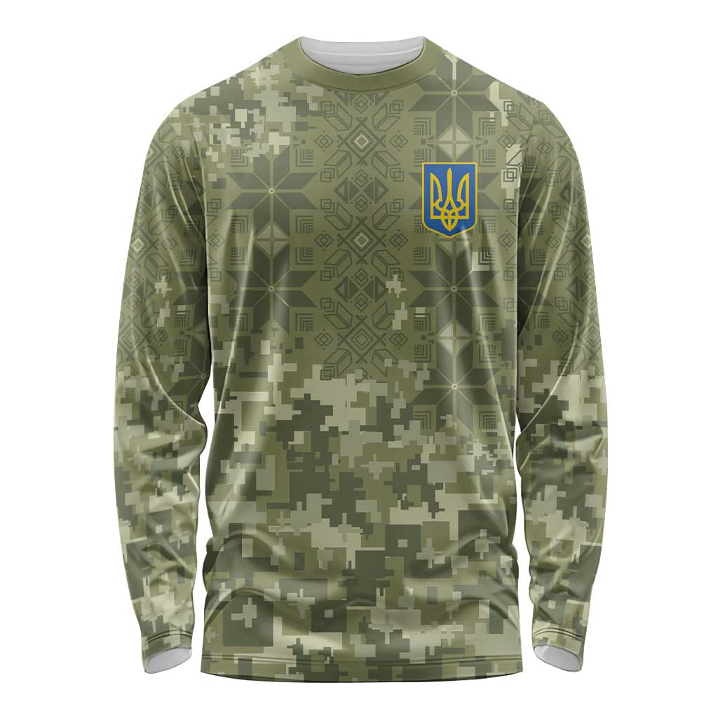 Ukraine Military Vyshyvanka Pattern Long Sleeve Shirt Tryzub Emblem Tactical Style - Wonder Print Shop