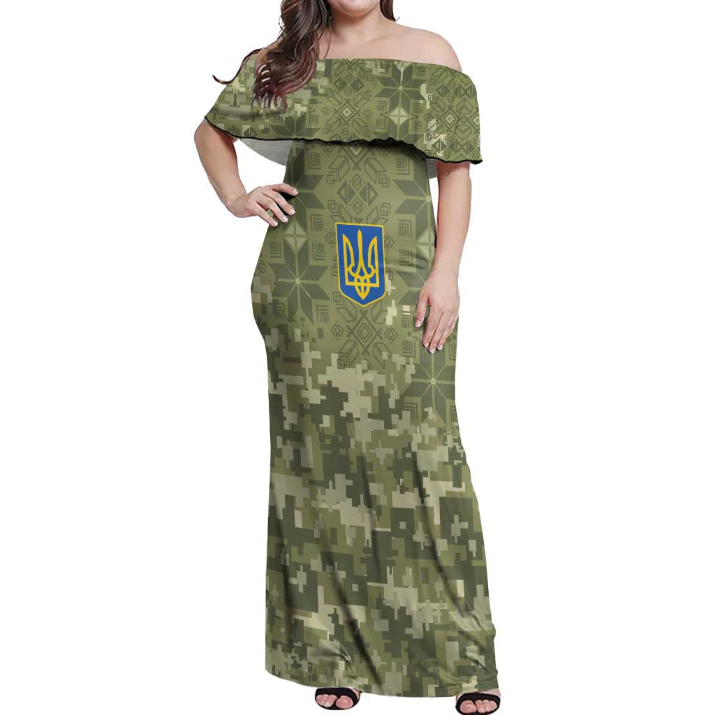 Ukraine Military Vyshyvanka Pattern Off Shoulder Maxi Dress Tryzub Emblem Tactical Style - Wonder Print Shop