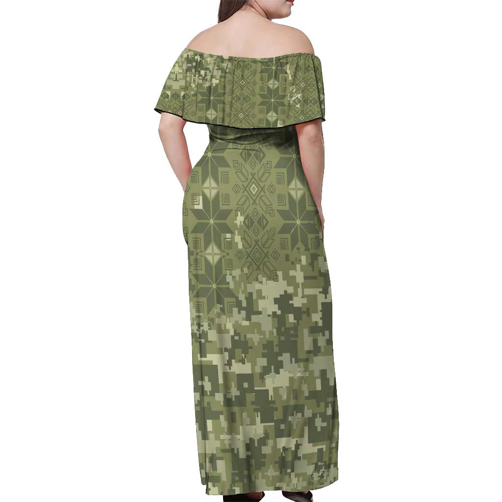 Ukraine Military Vyshyvanka Pattern Off Shoulder Maxi Dress Tryzub Emblem Tactical Style - Wonder Print Shop