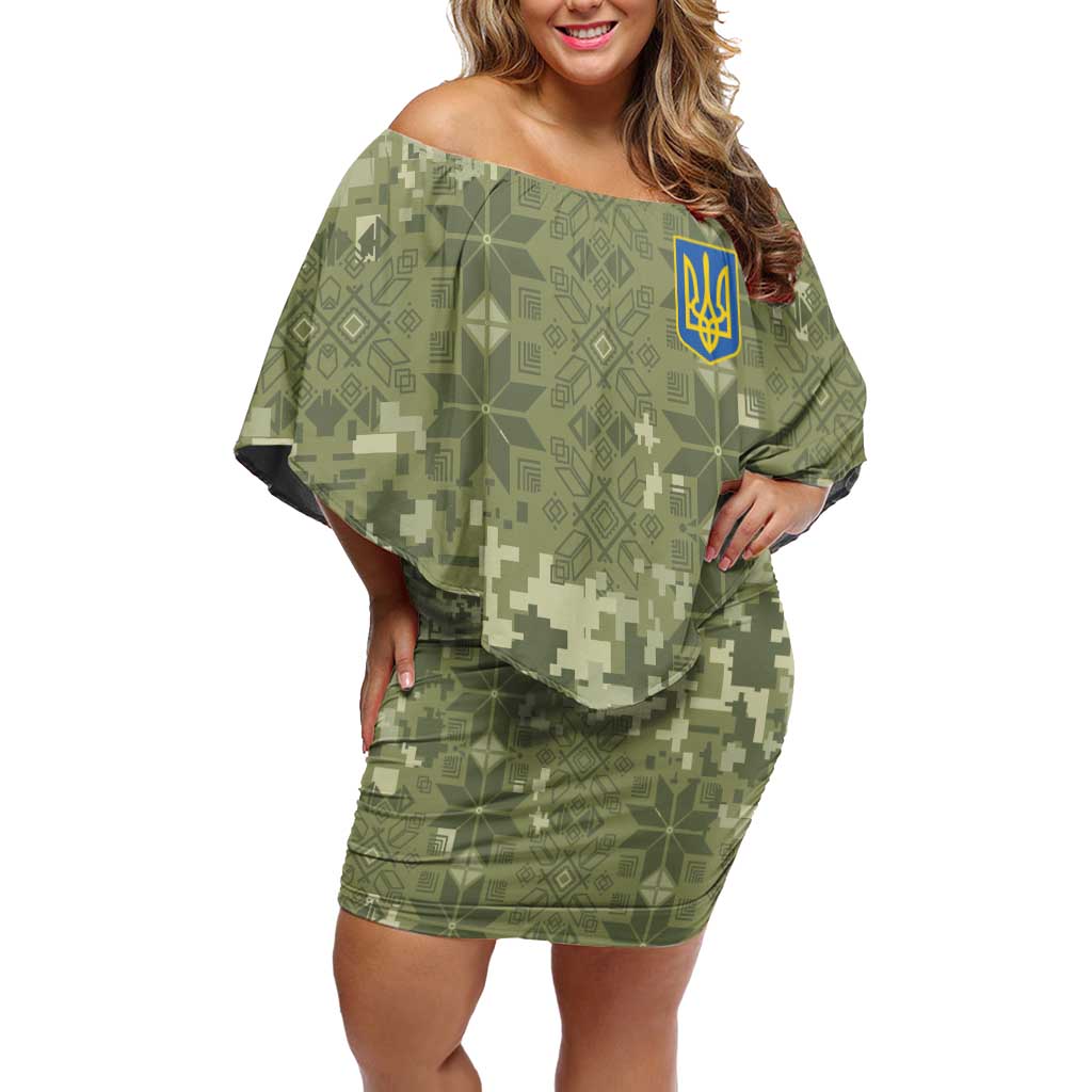 Ukraine Military Vyshyvanka Pattern Off Shoulder Short Dress Tryzub Emblem Tactical Style - Wonder Print Shop