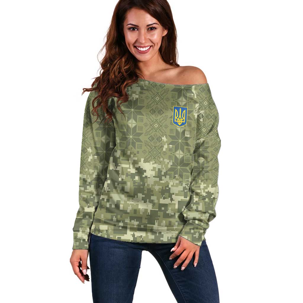 Ukraine Military Vyshyvanka Pattern Off Shoulder Sweater Tryzub Emblem Tactical Style - Wonder Print Shop