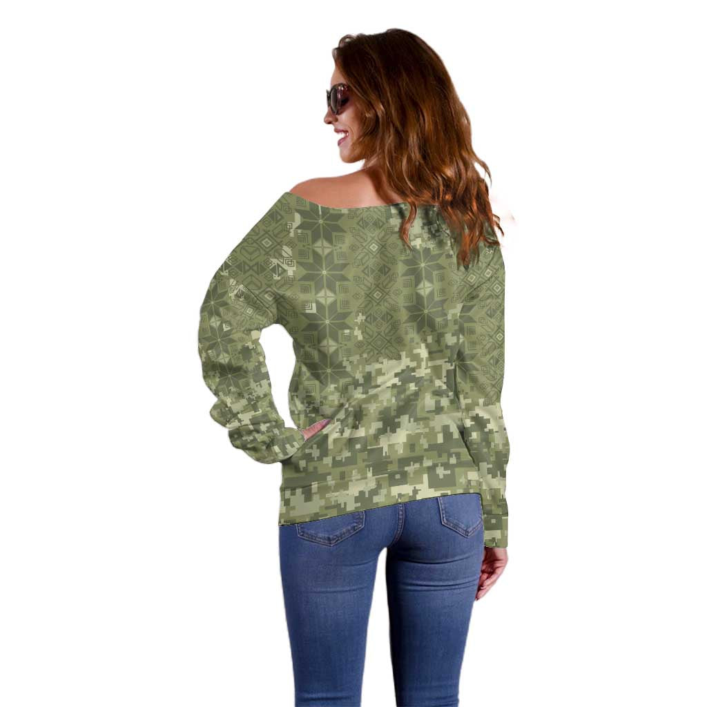 Ukraine Military Vyshyvanka Pattern Off Shoulder Sweater Tryzub Emblem Tactical Style - Wonder Print Shop