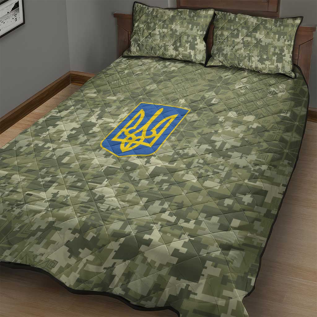Ukraine Military Vyshyvanka Pattern Quilt Bed Set Tryzub Emblem Tactical Style - Wonder Print Shop