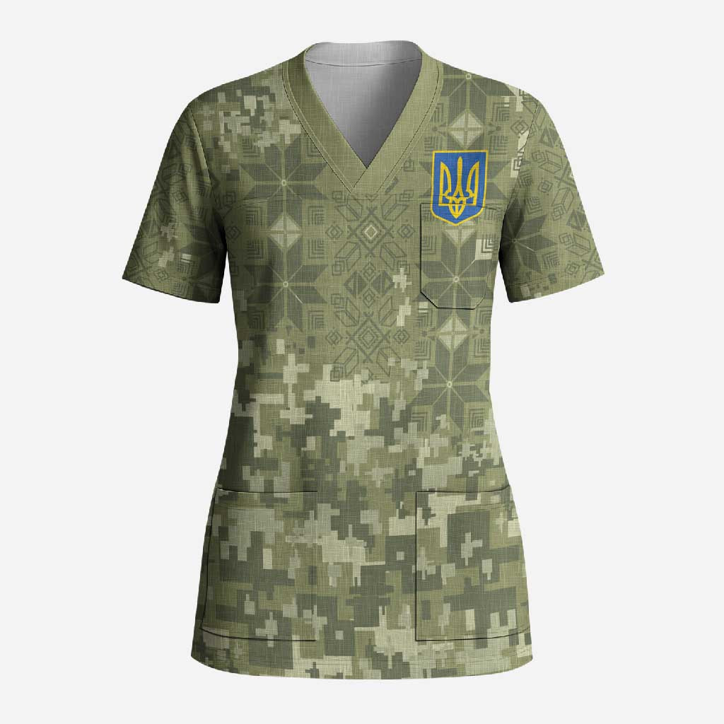 Ukraine Military Vyshyvanka Pattern Scrub Top Tryzub Emblem Tactical Style - Wonder Print Shop