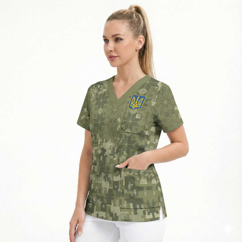 Ukraine Military Vyshyvanka Pattern Scrub Top Tryzub Emblem Tactical Style - Wonder Print Shop