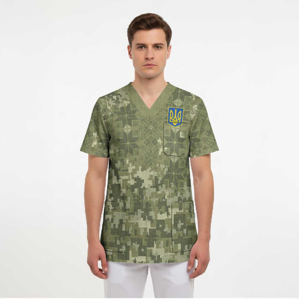 Ukraine Military Vyshyvanka Pattern Scrub Top Tryzub Emblem Tactical Style - Wonder Print Shop