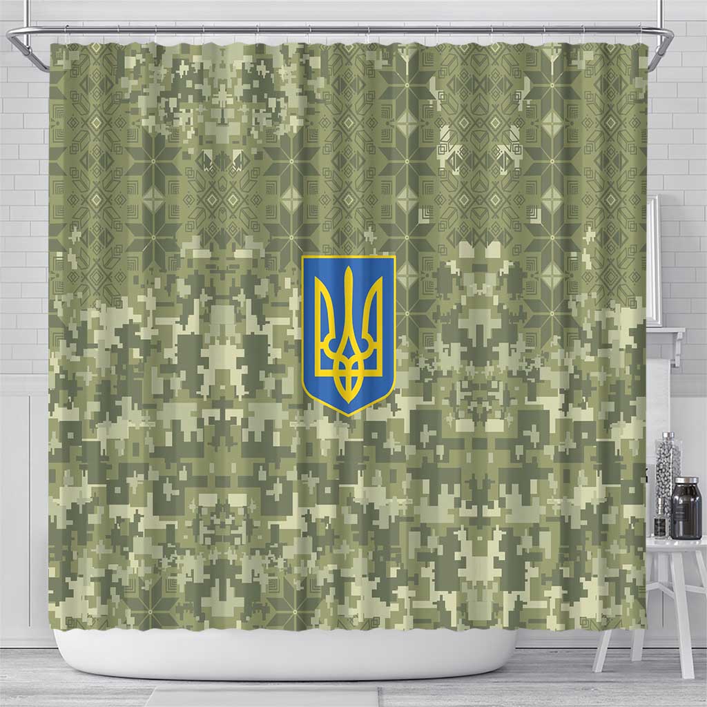 Ukraine Military Vyshyvanka Pattern Shower Curtain Tryzub Emblem Tactical Style - Wonder Print Shop