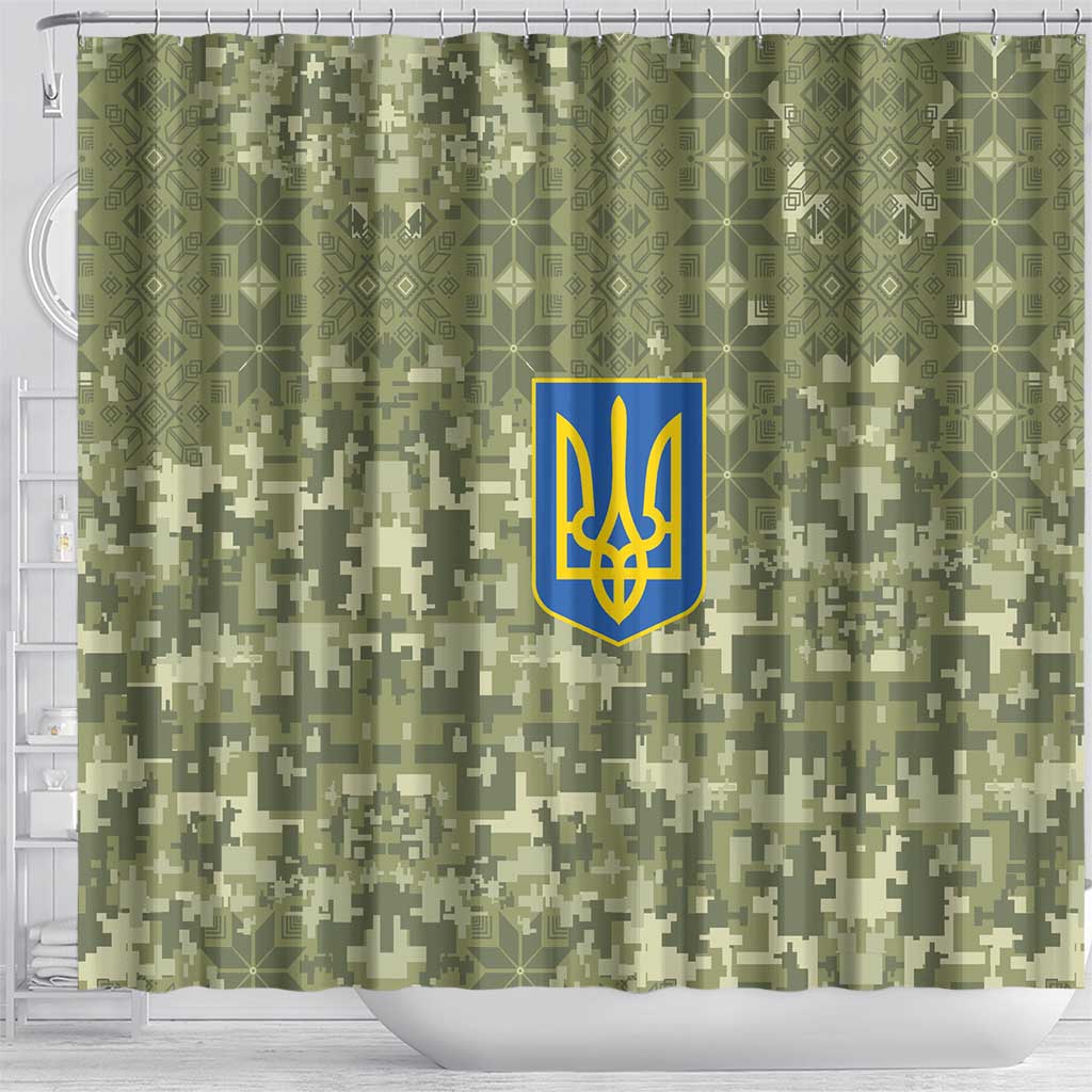 Ukraine Military Vyshyvanka Pattern Shower Curtain Tryzub Emblem Tactical Style - Wonder Print Shop