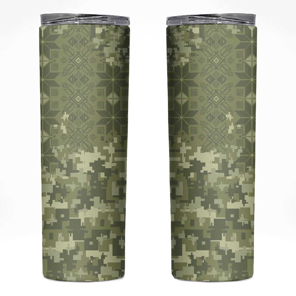 Ukraine Military Vyshyvanka Pattern Skinny Tumbler Tryzub Emblem Tactical Style - Wonder Print Shop
