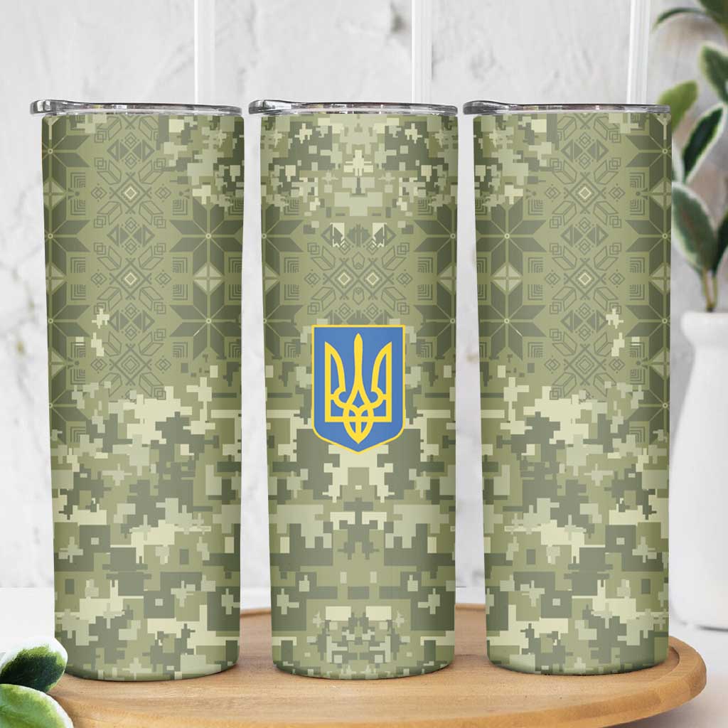 Ukraine Military Vyshyvanka Pattern Skinny Tumbler Tryzub Emblem Tactical Style - Wonder Print Shop