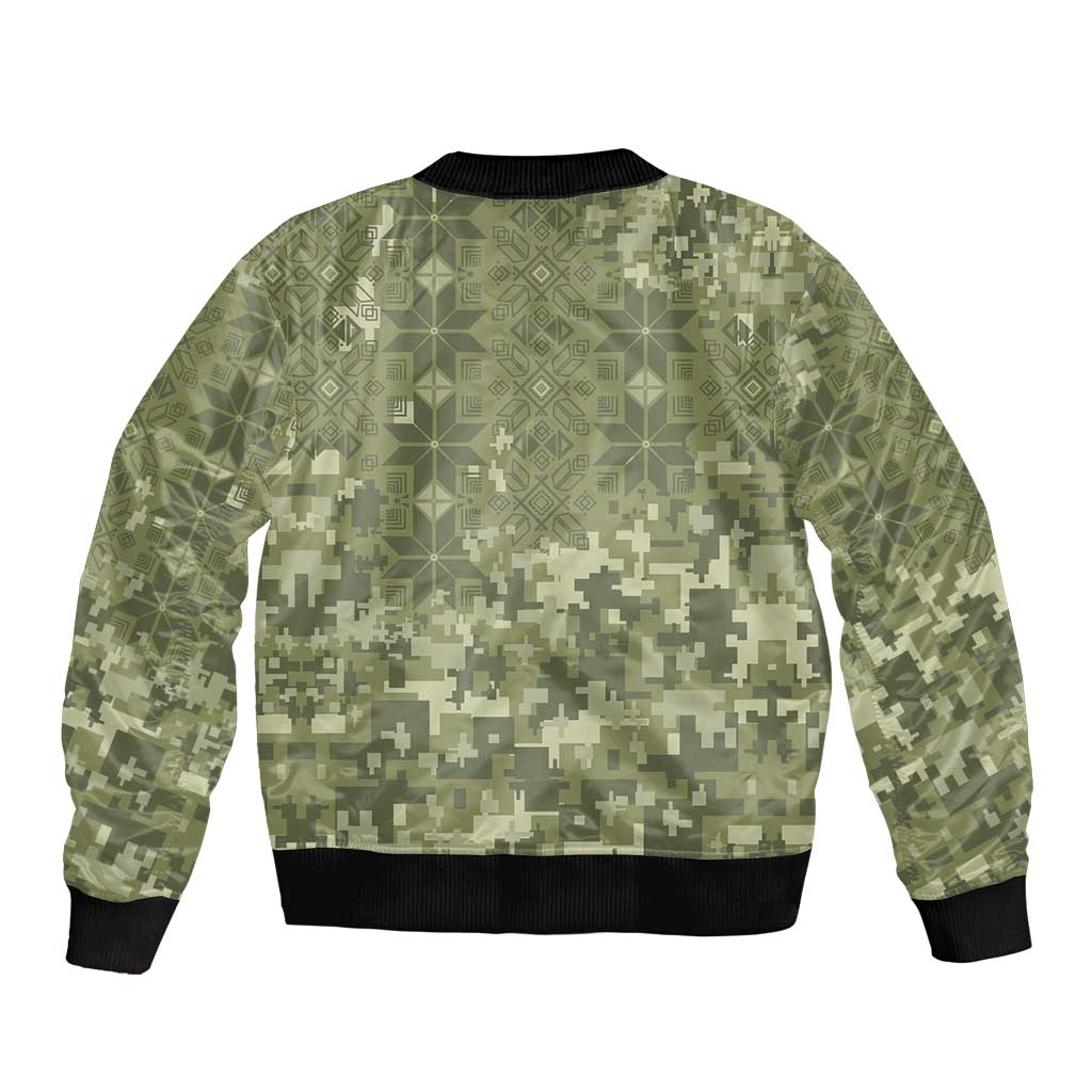 Ukraine Military Vyshyvanka Pattern Sleeve Zip Bomber Jacket Tryzub Emblem Tactical Style - Wonder Print Shop