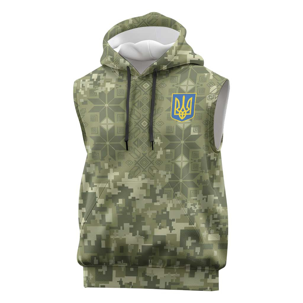 Ukraine Military Vyshyvanka Pattern Sleeveless Hoodie Tryzub Emblem Tactical Style - Wonder Print Shop