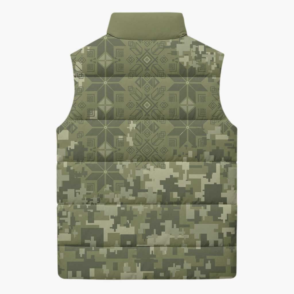 Ukraine Military Vyshyvanka Pattern Sleeveless Puffer Jacket Tryzub Emblem Tactical Style - Wonder Print Shop